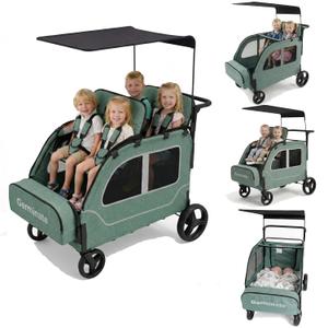 4 Seater Wagon Stroller, Large Quad Wagon for 2 3 4 Kids Baby Toddler Child with Seats, All Terrain, Triple Stroller, Adjustable Push/Pull Handles, Removable Canopy (Green)