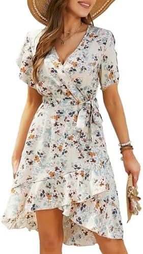 Womens Wrap V Neck Short Sleeve Dress 2025 Summer Floral Boho Dress Ruffle A Line Flowy High Low Midi Dresses Size Small 