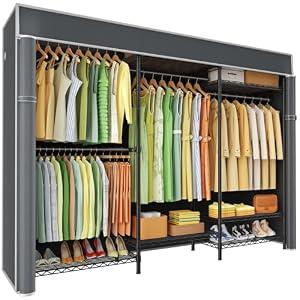 Ulif E13C Heavy Duty Closet Organizer System，Freestanding Clothing Racks for Hanging Clothes，Adjustable Garment Rack 63" W x 16" D x 77" H Hold 960 lbs，Black Clothing Rack with Grey Dustproof Cover