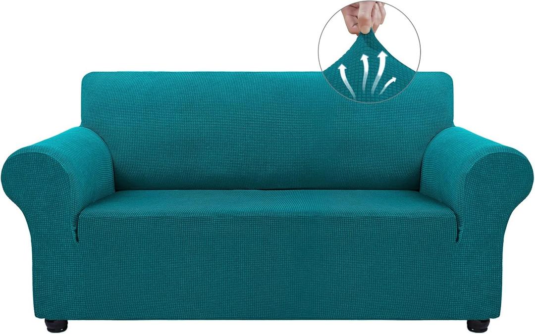 Asnomy Sofa Covers for 2 Cushion Couch Stretch loveseat Covers Slipcovers, Pet Protector Furniture Covers for Dogs Cats Spandex Jacquard Fabric Small Checks （Medium，Peacock Blue）