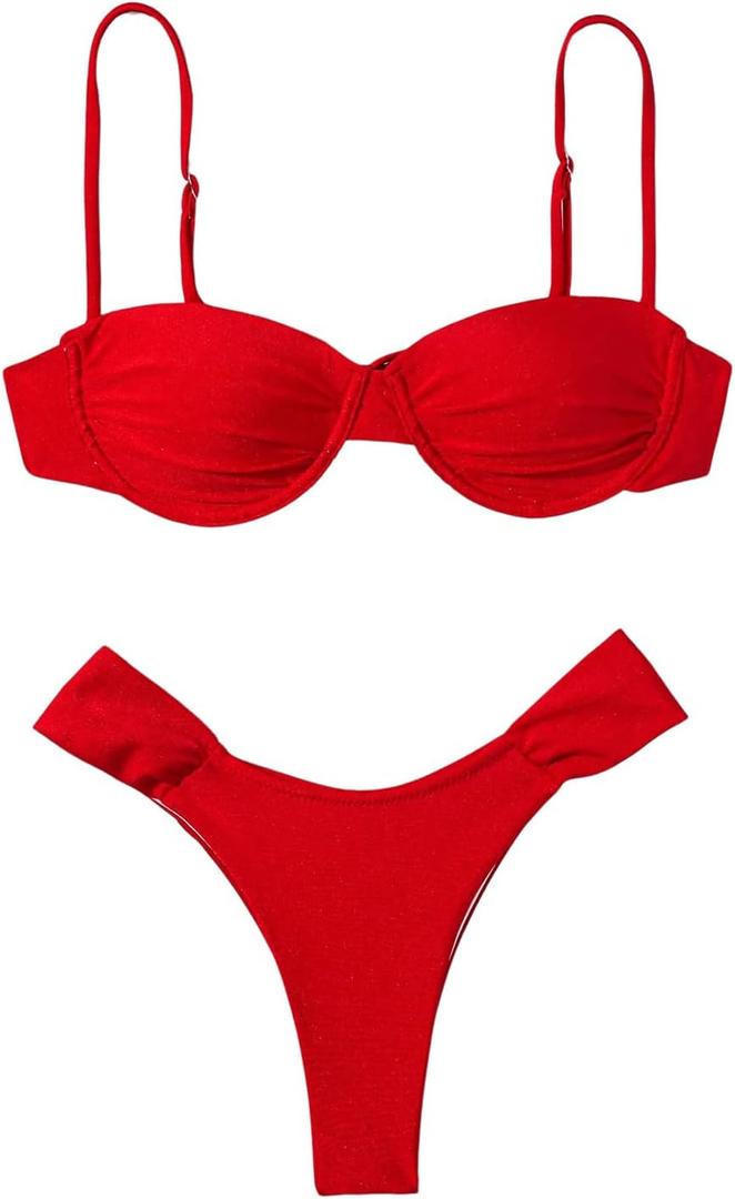 SweatyRocks Women's Two Piece Swimsuit Ruched High Cut Mid Rise Bikini Sets Swimwear (Red, S)