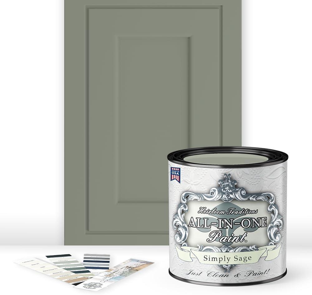 ALL-IN-ONE Paint By Heirloom Traditions, Simply Sage (Gray Green), Quart - Durable Cabinet And Furniture Paint, Built In Primer And Top Coat, No Sanding Needed, Includes Our 30 Featured Color Card, 32 Fl Oz, Pack Of 1