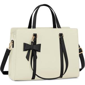 Laptop Bag for Women 15.6 inch Laptop Tote Bag Waterproof Leather Computer Bag Large Lightweight Briefcase Professional Business Office Work Bag, Beige with Black