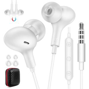 Wired Earbuds Noise Canceling for Chromebook PC School, 3.5mm Headphones Ear Buds Wired with Mic Magnet Stereo Plug in Earphones Cord for Galaxy A25 A15 A12 A03s S10 Moto Switch Laptop Computer, White