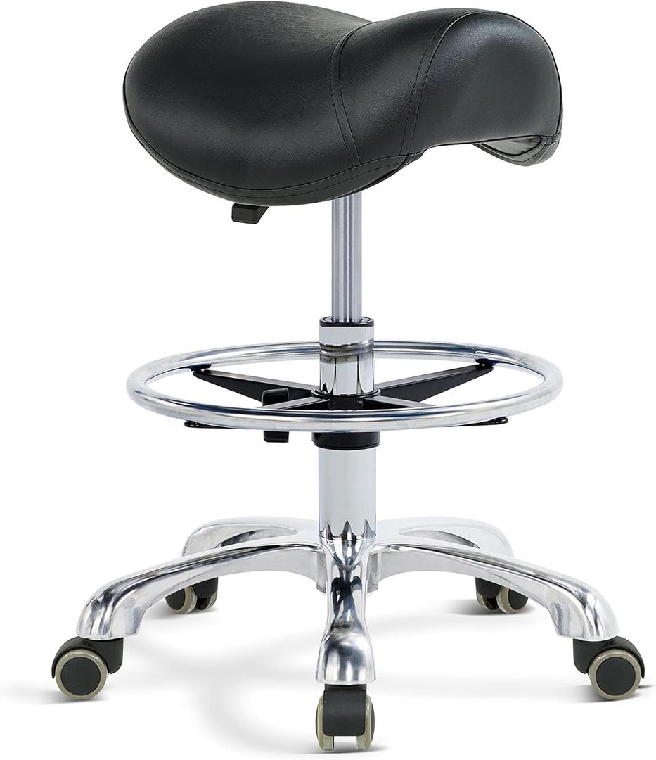 Grace&Grace Ergonomic Rolling Saddle Stool Chair with Wheels Adjustable Swivel Stool with Back and Footrest Heavy Duty for Esthetician, Artist, Dental, Medical, Spa, Salon, Cutting, Home Office (Extra-black)