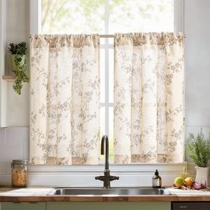 jinchan Floral Kitchen Curtains 36 Inch Linen Tier Curtains Farmhouse Cafe Half Window Drapes Over Sink Light Filtering for Living Room Laundry RV Rod Pocket 2 Panels Taupe on Beige