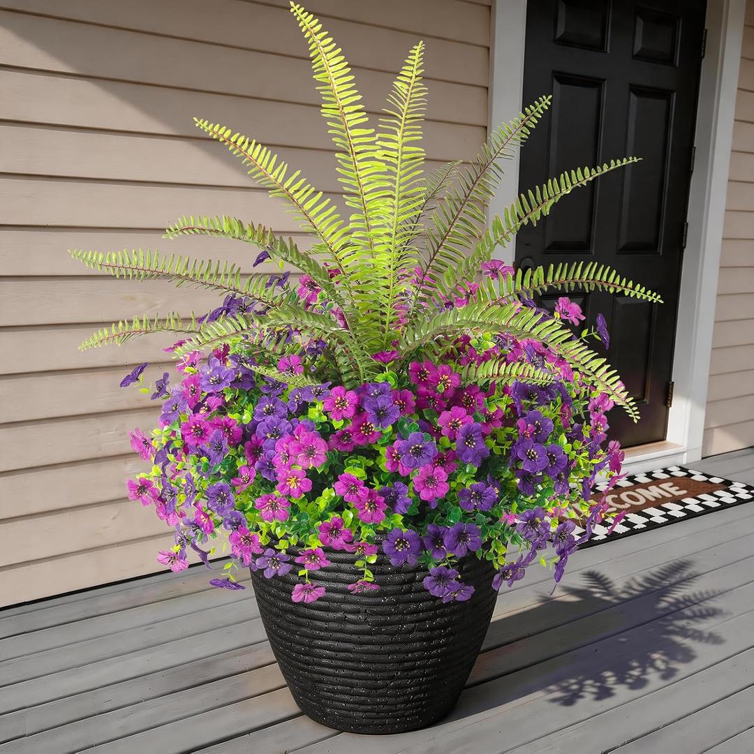 INQCMY Artificial Flowers for Outdoor 12 Pcs Faux Silk Daisy and 1 Pcs Fake Long Leaved Grass UV Resistant Tall Ferns for Home Doorway Courtyard Garden Backyard Decorative