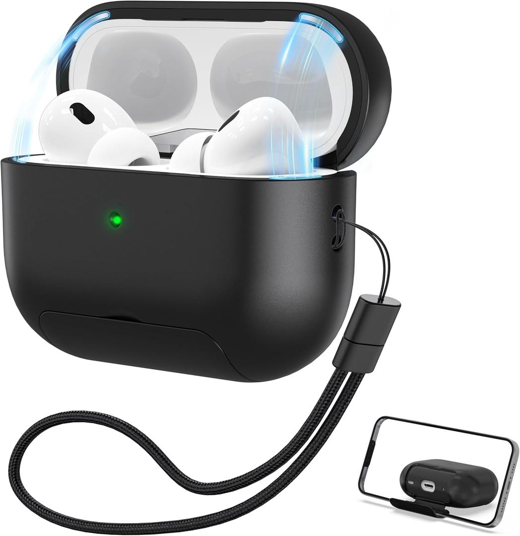 2 x RFUNGUANGO for AirPods Pro 2nd Generation Protective Case, with Phone Holder Function, Magnetic Cover Lock, for AirPods Pro 2nd/1st Generation Full Drop-Proof Protective Case with Lanyard, Black