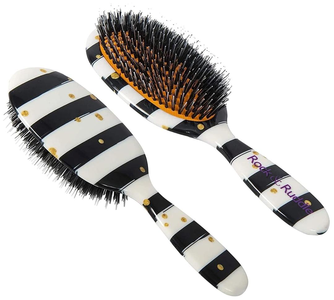 Rock & Ruddle Natural Mixed Bristle Hair Brush for Women and Kids (Large, 21cm) - Perfect for Wet or Dry Hair, Detangling Smoothing Blowdrying - Designed & Made in UK - Black & White Stripes