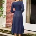 AUSELILY Women's Empire Waist Dress Long Sleeve V Neck Drawstring Long Flowy A-line Midi Casual Fall Dresses 2025 (Blue, M)