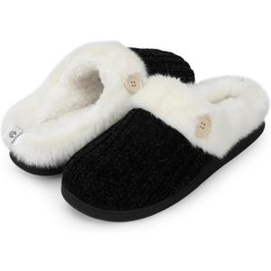 Womens Warm Knit House Slippers, Comfy Memory Foam Winter House Shoes, Soft Plush Slip-On Bedroom Slippers for Indoor and Outdoor (7-8, Black)
