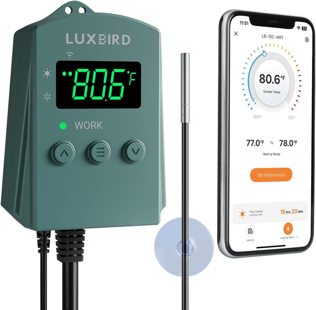 WiFi Digital Heat Mat Thermostat Controller, 32-113F with Heating Cooling Mode, 365 Day Data Export, 1200W, High/Low Temp Alerts, Plug & Play for Reptile Seedling Brewing Breeding Greenhouse