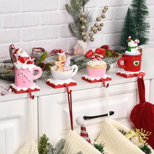 Heavy-Duty Christmas Stocking Holders for Mantle, Set of 4 Weighted Pink Santa Themed Xmas Stocking Hooks, Anti-Slip Christmas Hooks for Winter