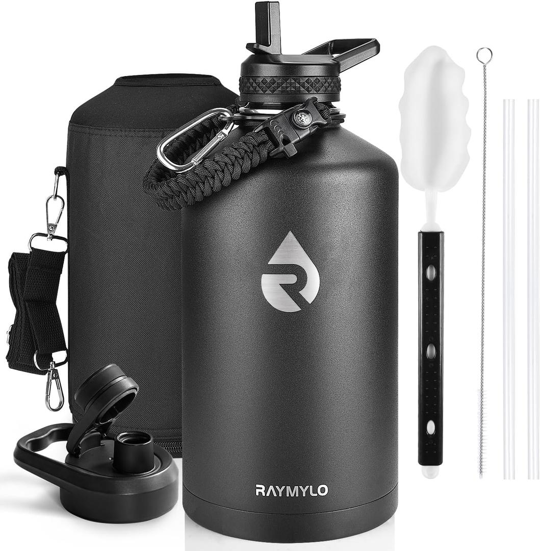 One Gallon Water Bottle Insulated, Triple Walled Vacuum Stainless Steel (Cold for 48 Hrs), Leak Proof & Non-BPA, Large Water Flask Jug with Paracord Handle & Straw Spout Lids (128 Ounces, Magic Black)
