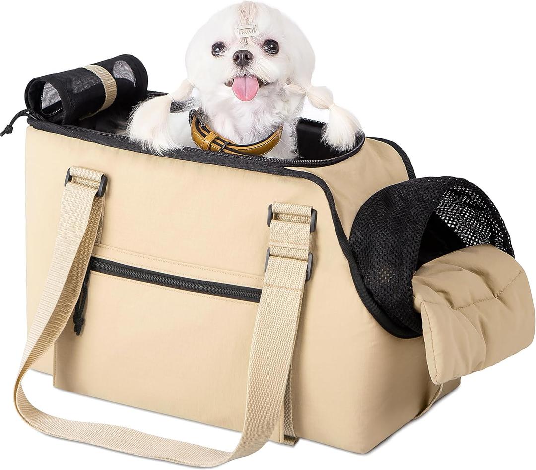 BurgeonNest Dog Purse Carrier for Small Dogs and Cats, Soft Sided Cozy Plush Pet Bag Carrier, Car Travel Cat Carrier, Lightweight Puppy Handbag Tote, Waterproof, Khaki