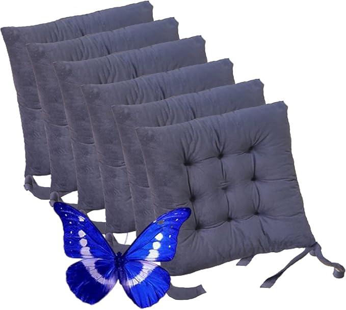 Velvet Dining Chair Cushions with Ties, Velvet Solid Chair Pad Non-Slip Soft Thick Washable Square Seat Cushion for Kitchen Dining Room (Dark Gray 16×16in (Set of 6))