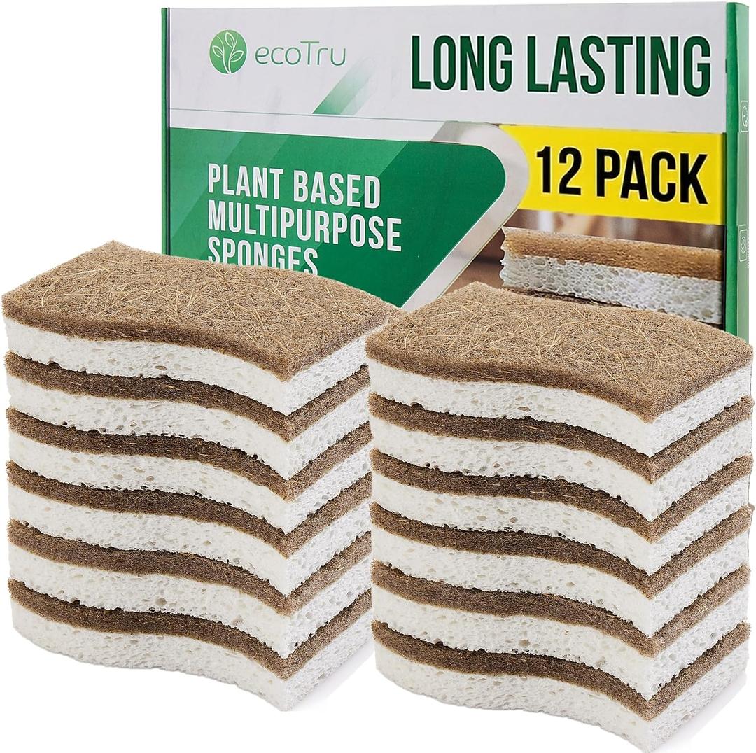 12 Pack Natural Kitchen Sponges, Compostable White Cellulose & Organic Coconut Scrubber Sponge for Washing Dishes, Kind Eco Friendly Non Toxic & Biodegradable Dishwashing Sponges