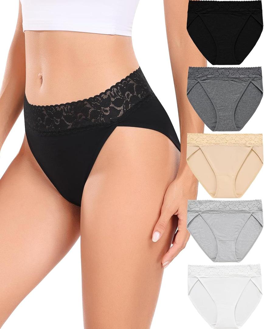 RHYFF Womens Underwear Cotton Bikini Panties High Cut Lace Panty Stretch Hipster Underpants Ladies Briefs S-XXL (Large, Blackwhite)