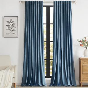 PRIMROSE Velvet Curtains 120 inch Long for Living Room,Set of 2 Panels Stone Grayish Blue Blackout Rod Pocket Back Tab Window Treatment Room Darkening Heavy Decorative Curtains Drapes for Bedroom