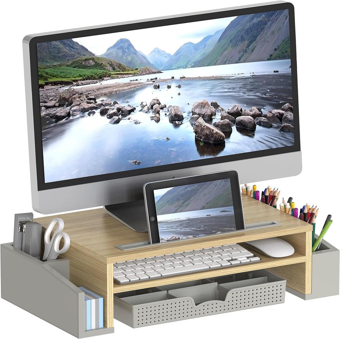 Simple Houseware Desk Monitor Stand Riser with Adjustable Organizer tray (Oak)
