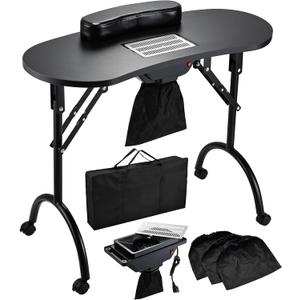 Nail Table with Nail Dust Collector, Portable Nail Desk Rolling Manicure Table for Nail Tech Travel Nail Station Professional Foldable Nail Salon Table with Cacuum,Arm Rest,Lockable Wheels, Bag (Black)