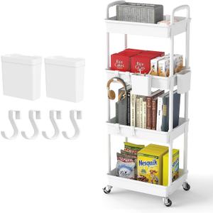 4 Tier Rolling Utility Cart with Handle,REBECAT Utility Cart Made of Multifunctional Storage Organizer Tool for Kitchen,Bathroom,Living Room,Office(White)