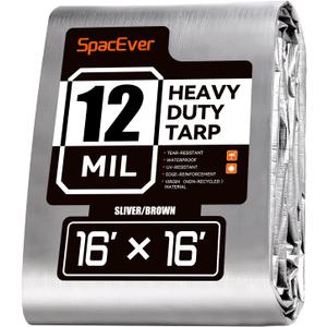 Tarp Heavy Duty 16x16 FT, 12 Mil Thick Large Tarps Water-Proof with Grommets, UV& Tear Resistant, Plastic Cover for Pool Roof Tent Outdoor Firewood, Silver& Brown
