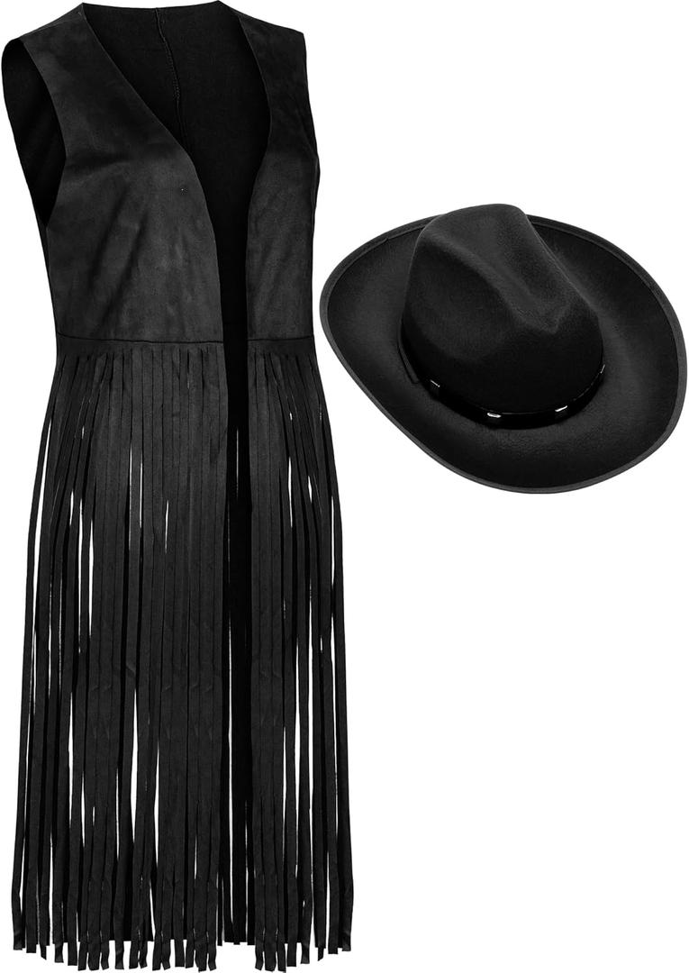 Foaincore Fringe Vests Cowgirl Outfits for Women 70s Hippie Clothes Vest Jacket Faux Suede Tassels Western Cowgirl Hat (XX-Large, Classic Black)