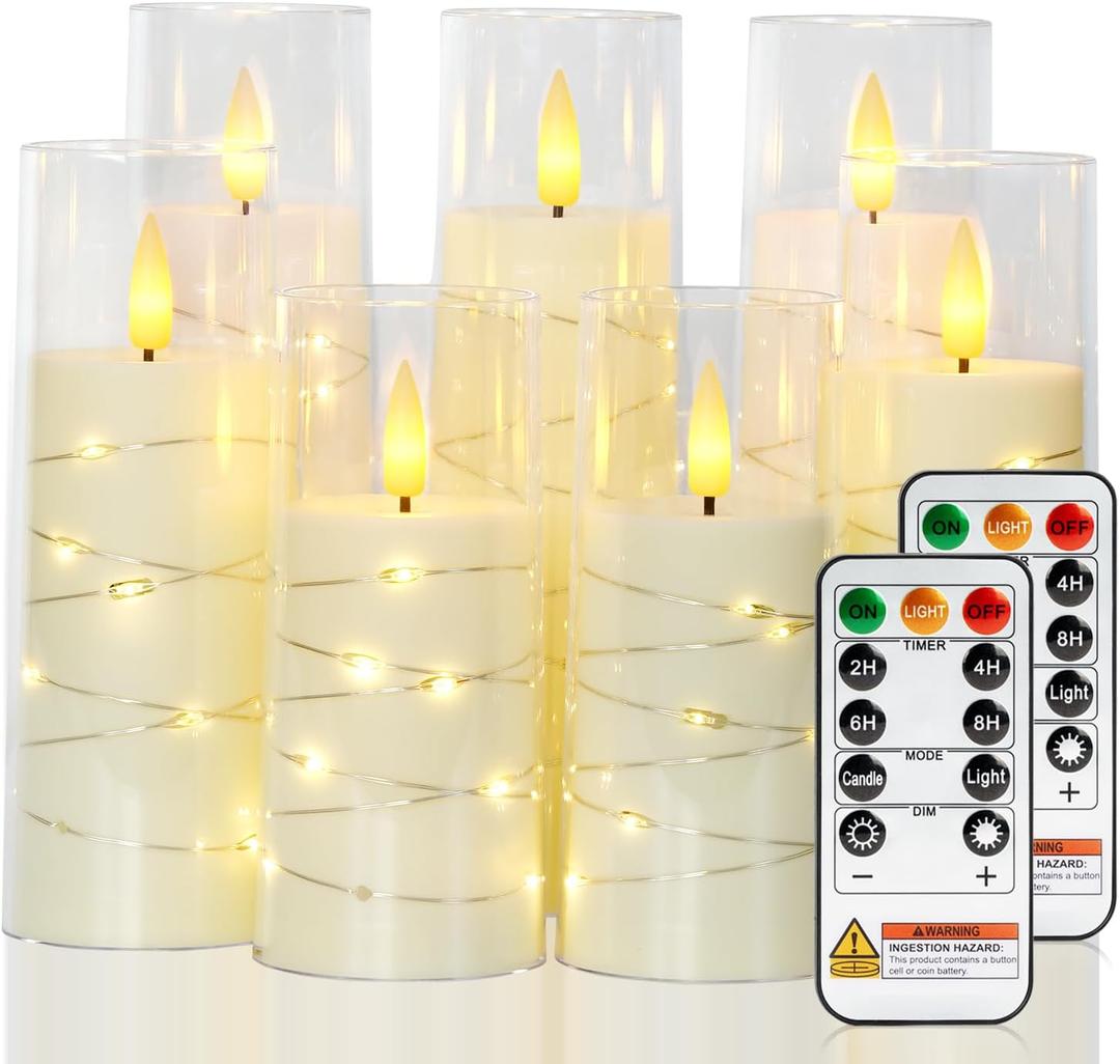 Raycare Flameless Candle with Remote Timer, 7 Flickering Acrylic Battery Operated LED Pillar Candles with Embedded Star String for Valentine's Day, Home Decor, and as a Gift (Ivory)