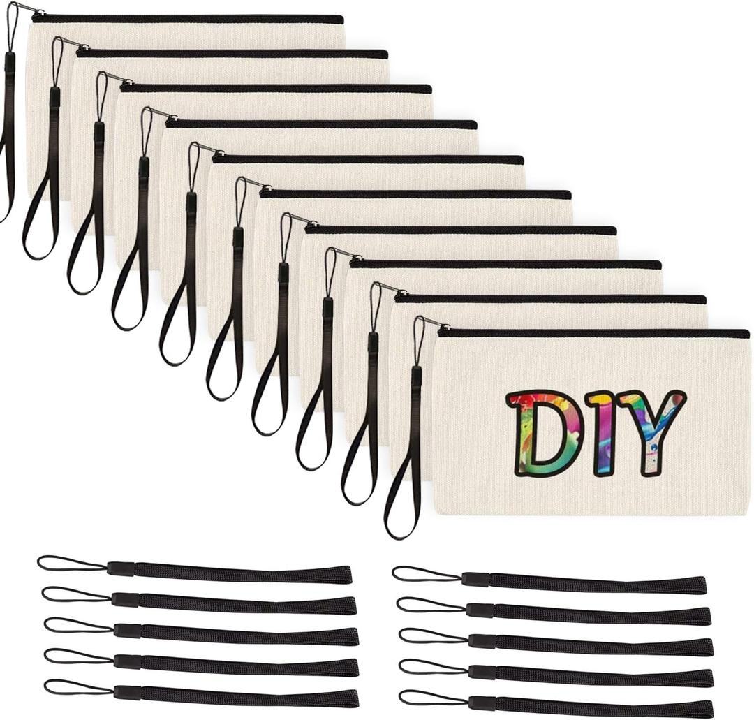 9.5"6.5" Canvas Zipper Bag Reusable Cotton Canvas Zipper Pouch Blank DIY Craft Canvas Bag Bulk for Painting Cosmetic Bag Makeup Toiletry Bag Case Pouches 10 pack