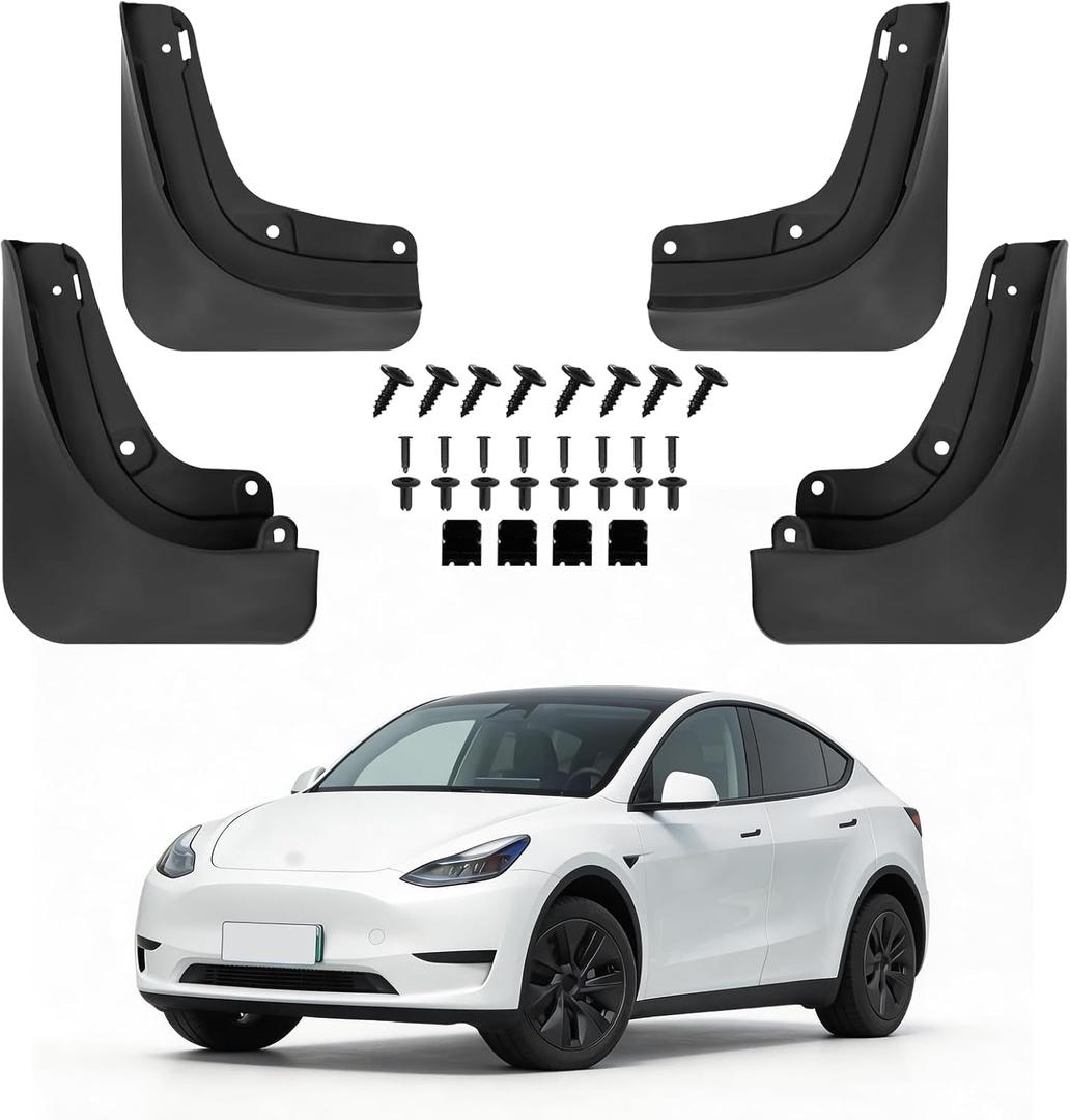 No Drill Mud Flaps for 2021-2024 Tesla Model Y, OEM-Style Front & Rear Mud Guards Accessories, All Weather Splash Guards Custom Fit Standard/Long Range AWD/RWD Performance Models, Black 4Pcs