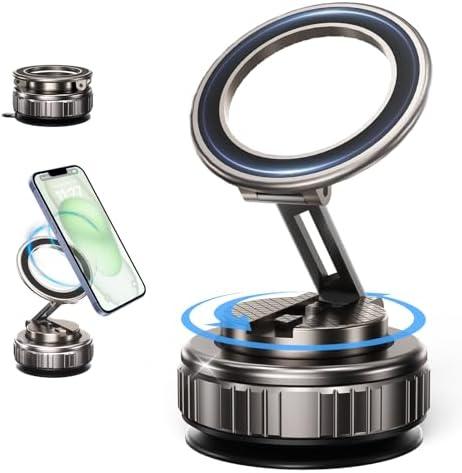 Vacuum Suction Magnetic Phone Holder, 360° Adjustable Suction Cup Phone Holder, Foldable Vacuum Suction Cup Phone Mount, Portable Cell Phone Holder for Your Car, Gym, Smooth Surface, Obsidian Black