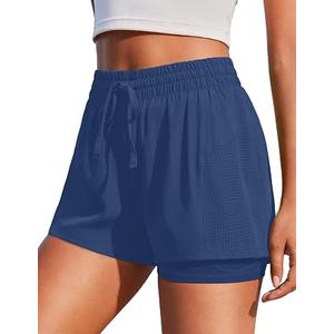 PINSPARK Women's 2 in 1 Running Shorts with Liner Pockets Quick Dry Athletic Workout Gym Shorts, Blue, XL