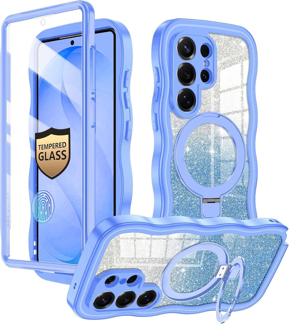 for Galaxy S26 Ultra Case, [Cute Wavy] [Magnetic Stand][Fit for MagSafe][Glitter Card][Built-in 9H+ Screen Protector] Military-Grade Drop Proof Shiny Cover for Samsung Galaxy S26 Ultra,Blue