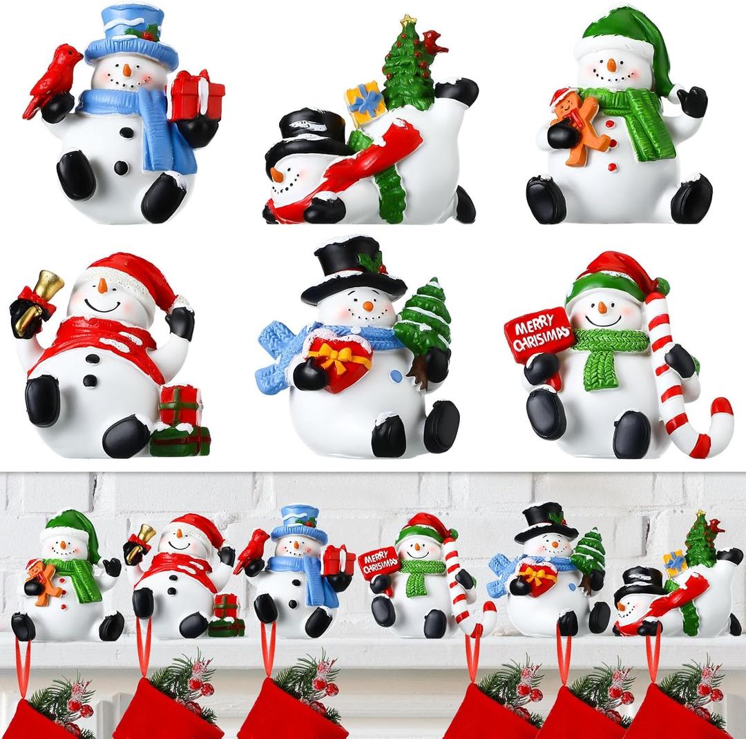 Wonderjune Christmas Stocking Holders for Mantle Set of 6 Resin Stocking Hangers for Mantel Snowman Santa Claus Figurines Weighted Fireplace Hooks for Xmas Winter Holiday Decorations(Snowman)