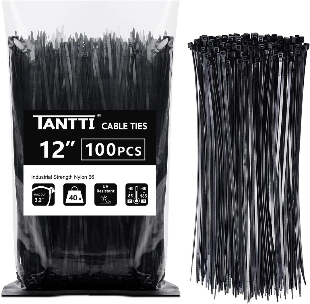Zip Ties 12 inch, Black Zip Ties 100 pack, 40lb, Cable Ties, Self-locking Wire ties for indoor and outdoor use, by Tantti