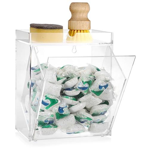 Sumnacon Dishwasher Pods Container Flip-over Laundry Pods Container with Tray for Laundry Room Organization Wall Mounted Dishwasher Pod Holder for Kitchen Sink Acrylic Containers for Candy, Dry Ball