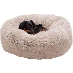 Furhaven 30" Round Calming Donut Dog Bed for Medium/Small Dogs, Refillable w/ Removable Washable Cover, For Dogs Up to 45 lbs - Shaggy Plush Long Faux Fur Donut Bed - Taupe, Medium