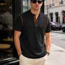Men's Henley Shirt Short Sleeve T-Shirt Casual Top Pullover Summer Lightweight Tee Shirts with Button (Black, XL)