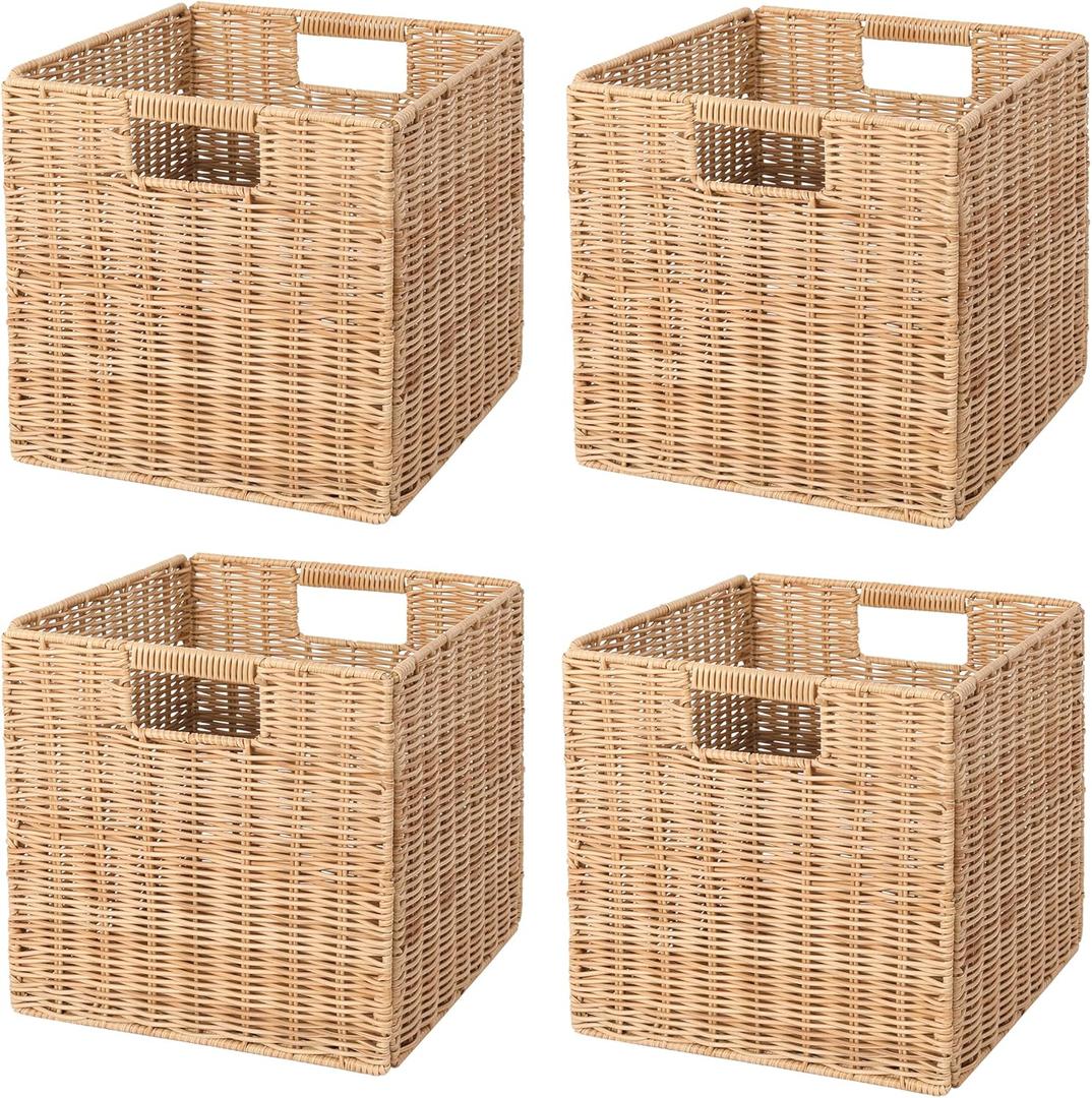 10.5 x 10.5 in Plastic Wicker Baskets for Cube Storage, Collapsible Square Wicker Storage Basket Set of 4, Rattan Storage Cube, Square Baskets for Shelves - Khaki