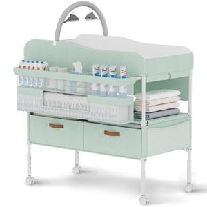 Diaper Changing Station, Portable Changing Table for Baby, Diaper Changing Table with Storage Drawers, Waterproof Baby Changing Station with Wheels and Adjustable Height for Newborn Infant and Toddler (Green)