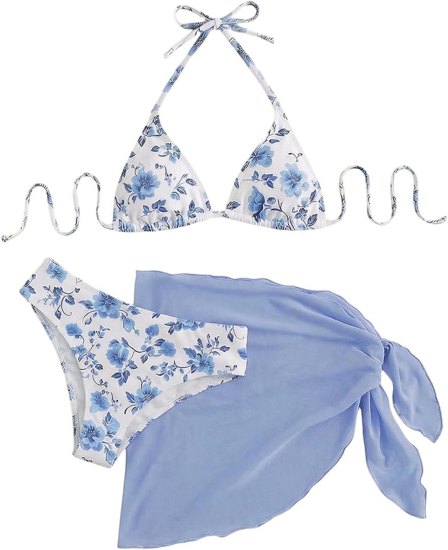 SHENHE Women's 3 Piece Polka Dots Floral Bikini Set with Wrap Coverup Halter Triangle Swimsuits, Medium