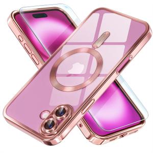 Misea Magnetic for iPhone 16 Case Compatible with MagSafe [Never Yellowing] [Military Grade Drop Protection] Full Camera Lens Protector Plating Soft Clear Phone Case for Women 6.1 inch, Pink