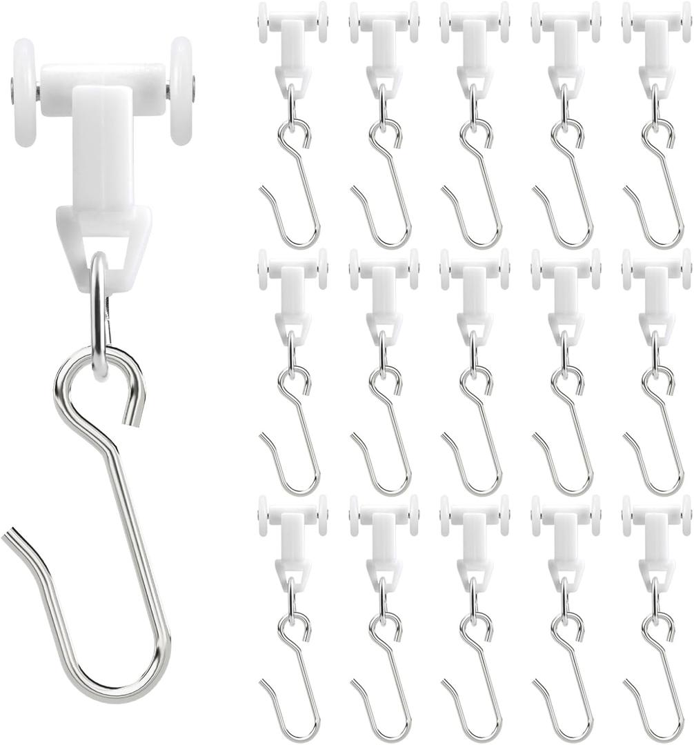 Pocysem Ceiling Curtain Track Roller Hooks-Room Divider, Durable Stainless Steel Curtain Hooks with Dual Wheel, RV (15 Pack)