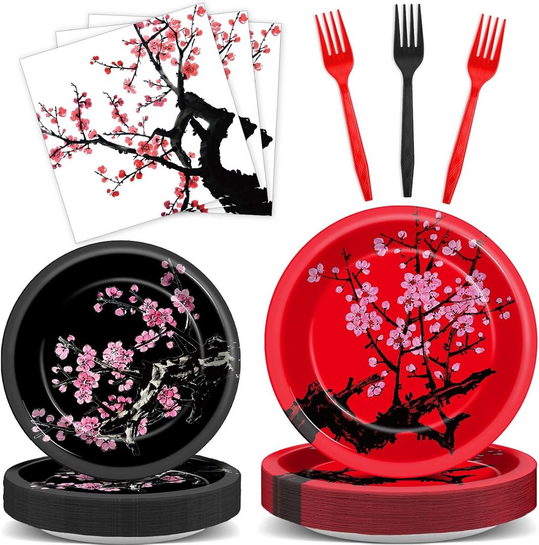96Pcs Hibachi Party Decorations Chinese Japanese Cherry Blossom Tableware Sets Cherry Flowers Party Plates and Napkins for Hibachi New Year Spring Festival Wedding Supplies for 24 Guests
