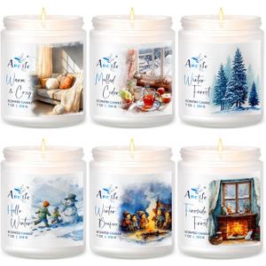 Winter Candle Set | 6 Pack Christmas Scented Candles for Home - Holiday Soy Candle Gift Set for Women Men, Aromatherapy Candles Scents of Hello Winter/Forest/Cider/Warm/Fireside/Bonfire
