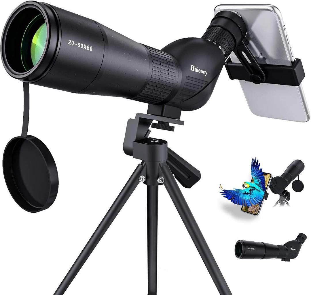 HUICOCY Spotting Scopes, 39-19m/1000m Spotting Scopes with Tripod, FMC Lens, BAK4 45 Degree Angled Eyepiece, Fogproof Scope with Phone Adapter, Carry Bag, Bird Watching Wildlife Scenery (20-60x60mm)