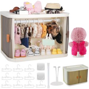 Foldable Doll Wardrobe with Stand Compatible with Labubu, 10 Hangers, 1 Rod & 2 Supports, Dust-Resistant Stackable Organizer Cabinet Storage Box for 15/17cm Doll Clothes Shoes Accessories (Foldable)