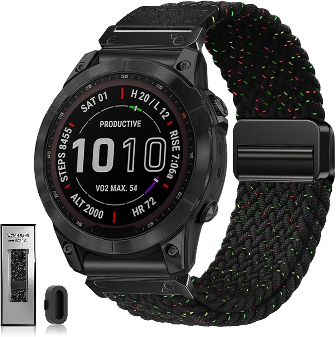 Quickfit 22mm 26mm Watch Band - Compatible with Garmin Fenix 8 47mm 51mm/Fenix 7/7X/6/6X/5/5X, Magnetic Clasp Braided Stretchy Nylon Sport Strap for Men and Women, Multiple Colors