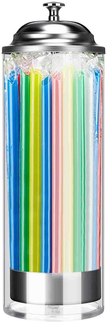 10.6" Clear Plastic Straw Holder with 100 Drinking Straws  Transparent Organizer Container with Stainless Steel Lid for Countertop Use